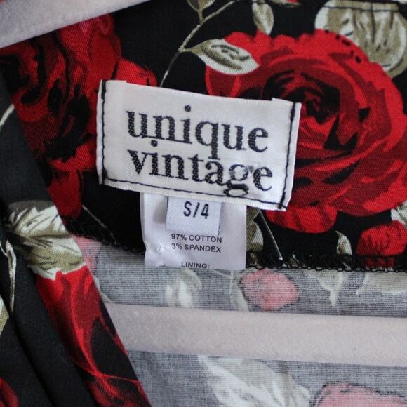 Unique Vintage 1950s Style Black and Red Rose Half Sleeve Delores Dress Small 4 - Picture 4 of 8